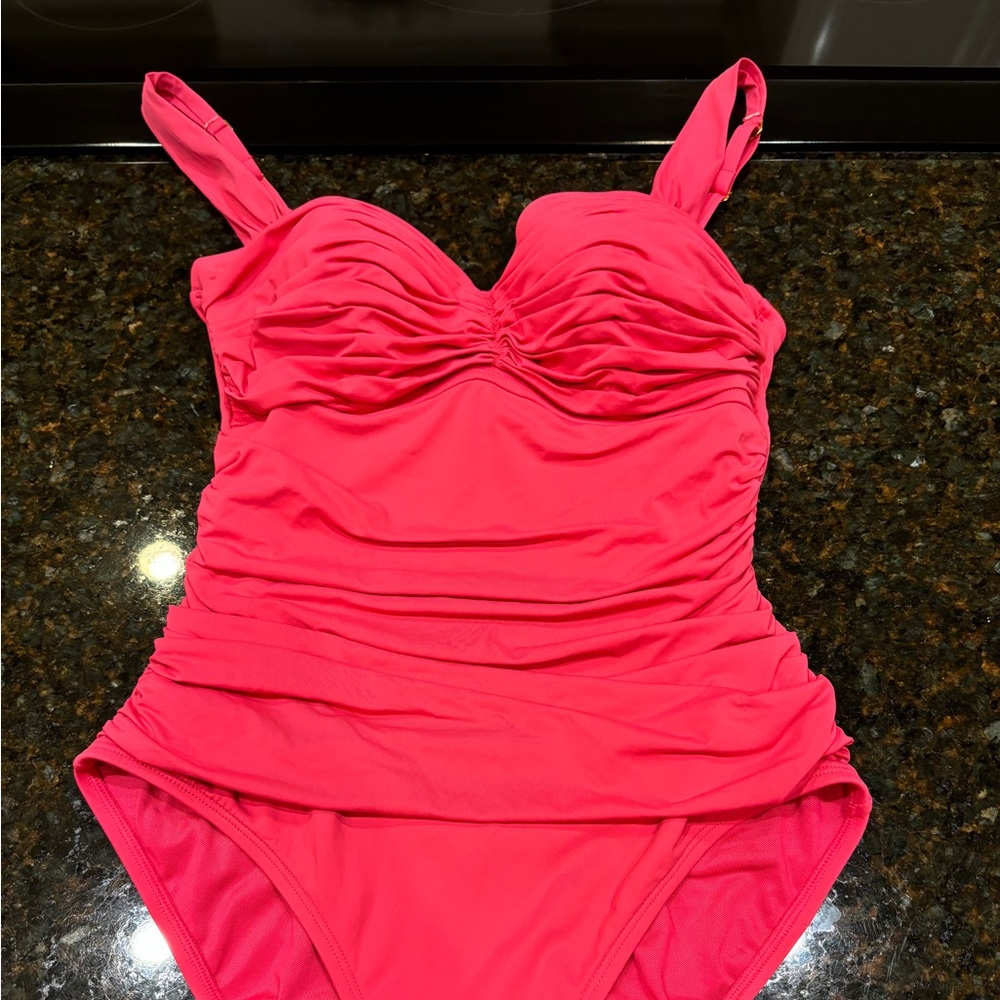 Pink one piece swimsuit with ruched front #swimsuit